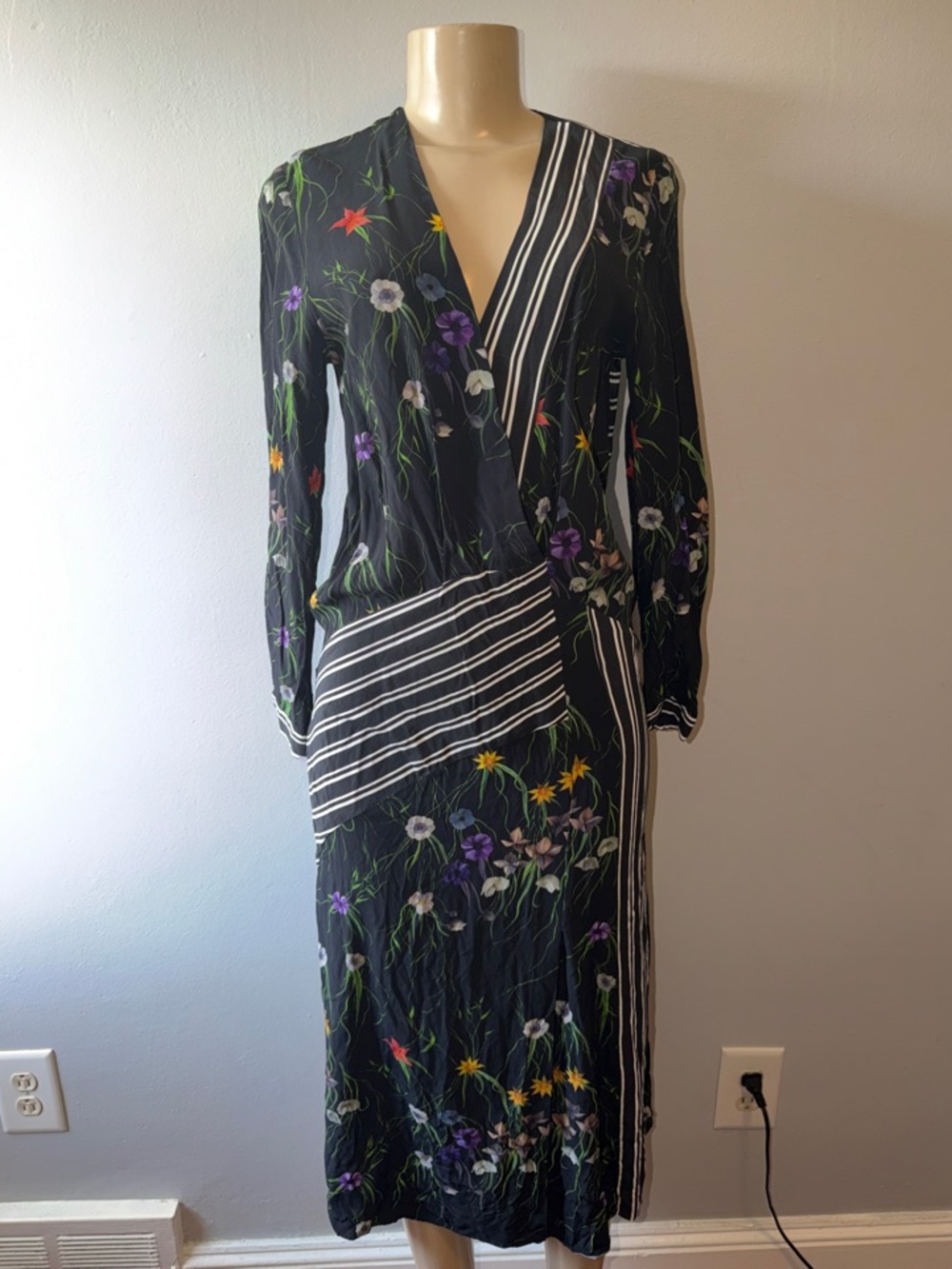 H&M Black Floral Wrap Dress with Stripe Detail